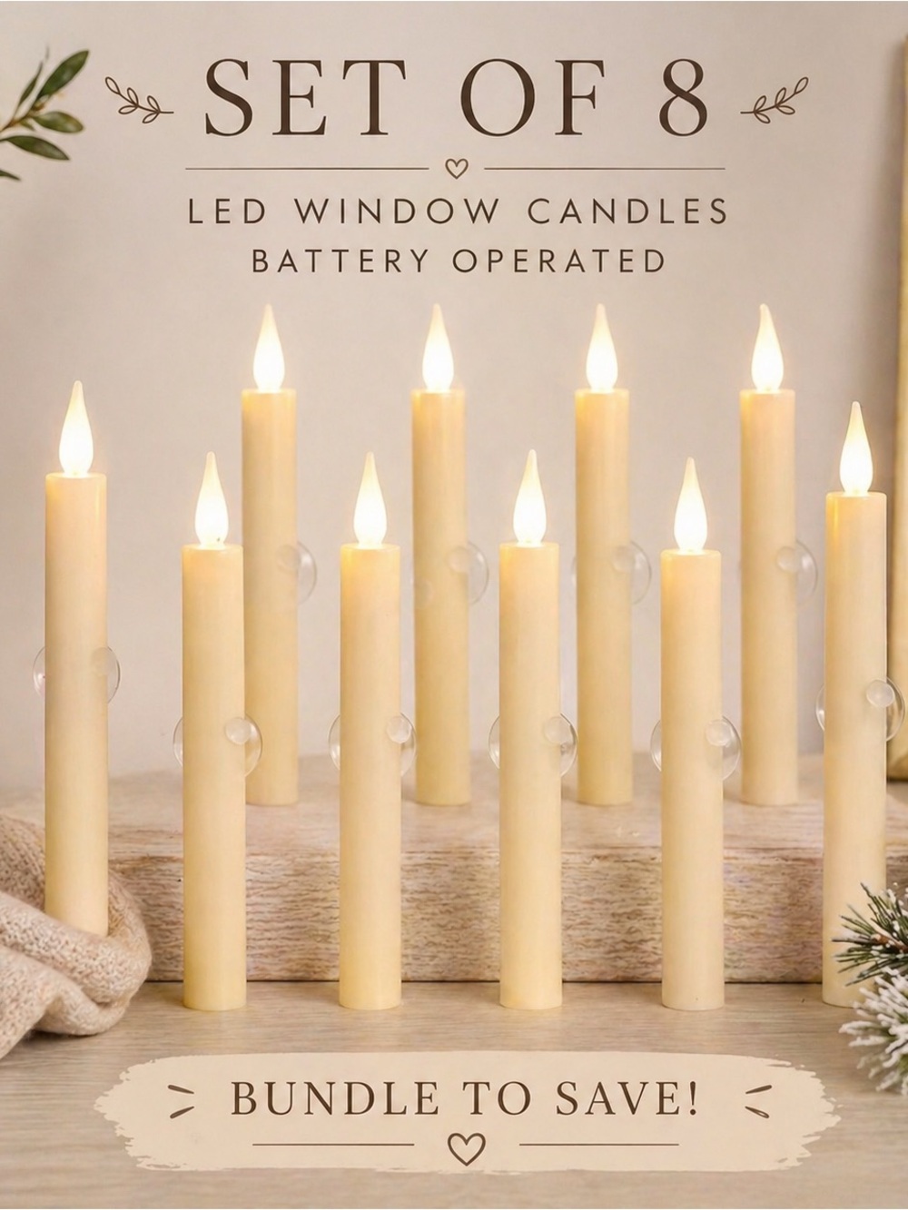 Set of 8 Battery LED Taper Candles in Cream